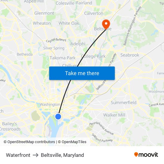 Waterfront to Beltsville, Maryland map