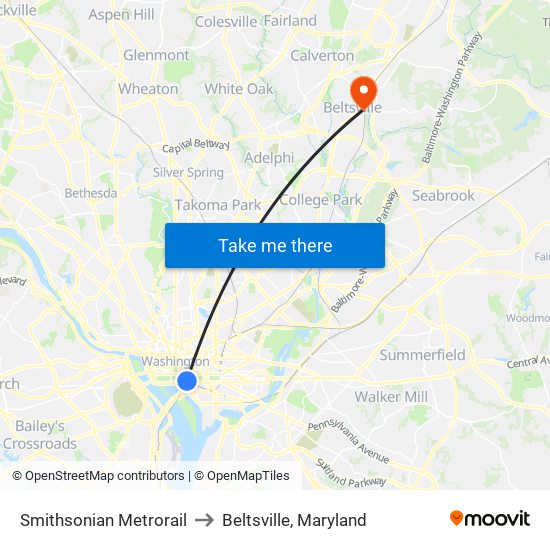 Smithsonian Metrorail to Beltsville, Maryland map
