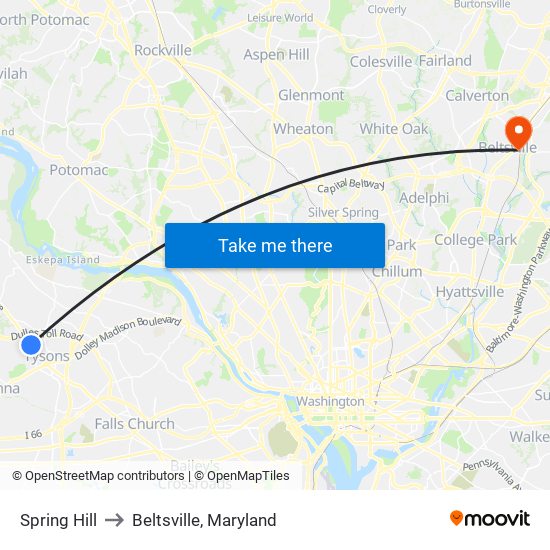 Spring Hill to Beltsville, Maryland map