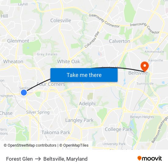 Forest Glen to Beltsville, Maryland map