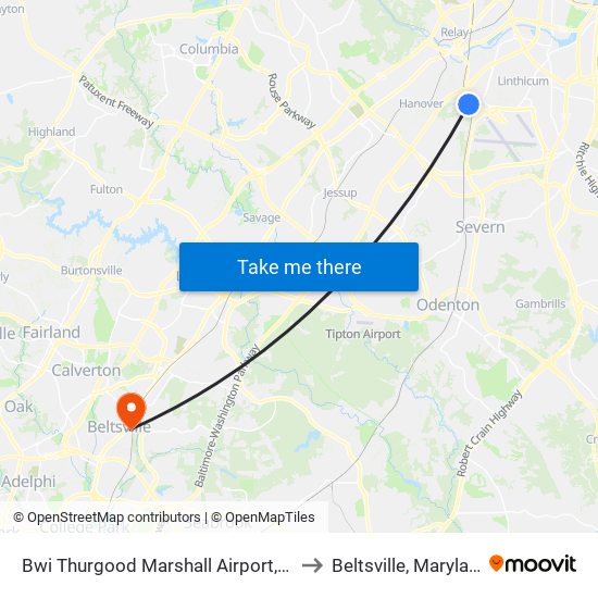 Bwi Thurgood Marshall  Airport, Md to Beltsville, Maryland map