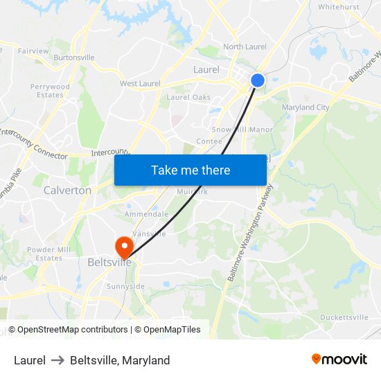 Laurel to Beltsville, Maryland map