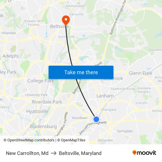 New Carrollton, Md to Beltsville, Maryland map