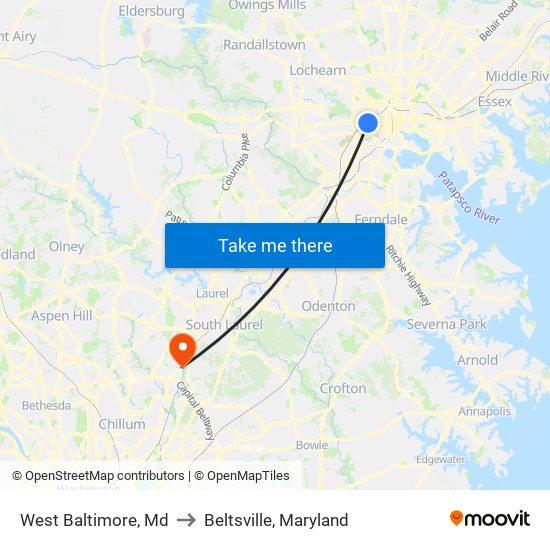 West Baltimore, Md to Beltsville, Maryland map