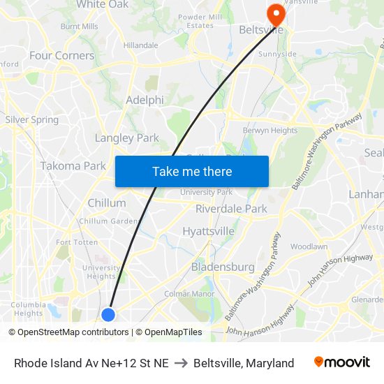 Rhode Island Av Ne+12 St NE to Beltsville, Maryland map