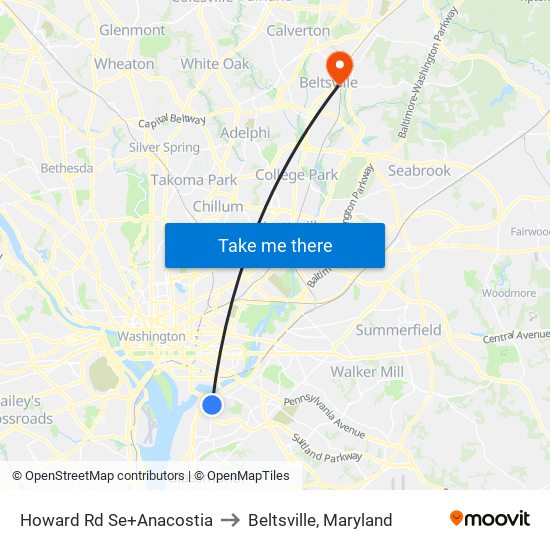 Howard Rd Se+Anacostia to Beltsville, Maryland map