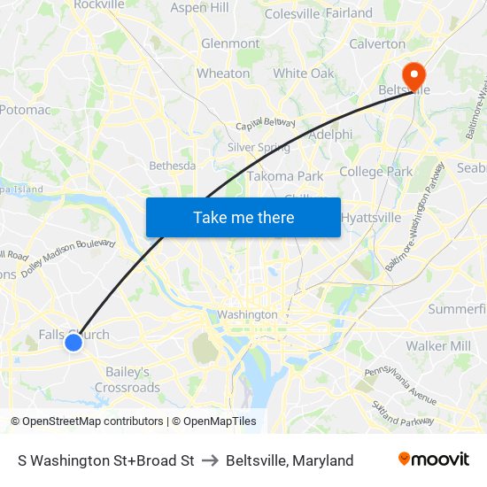 S Washington St+Broad St to Beltsville, Maryland map