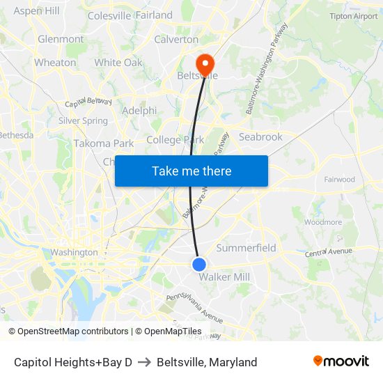 Capitol Heights+Bay D to Beltsville, Maryland map