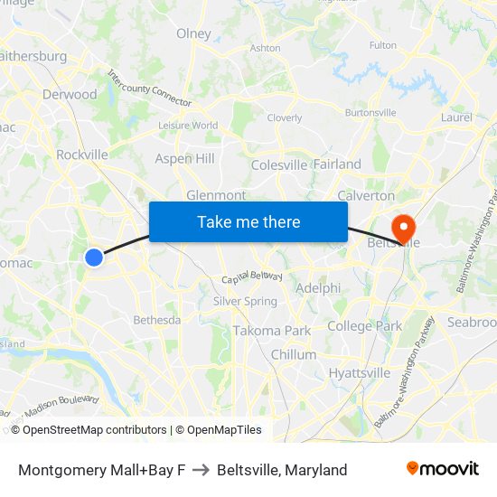 Montgomery Mall+Bay F to Beltsville, Maryland map