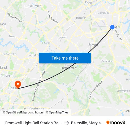 Cromwell Light Rail Station Bay 1 to Beltsville, Maryland map