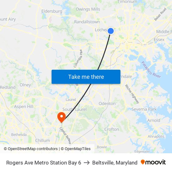 Rogers Ave Metro Station Bay 6 to Beltsville, Maryland map