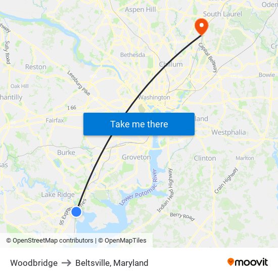 Woodbridge to Beltsville, Maryland map