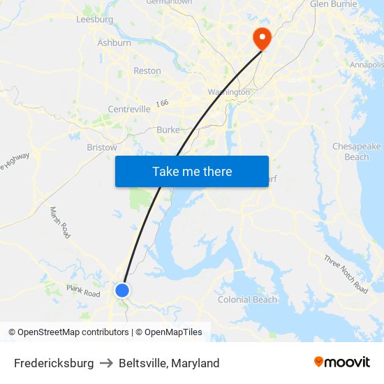 Fredericksburg to Beltsville, Maryland map