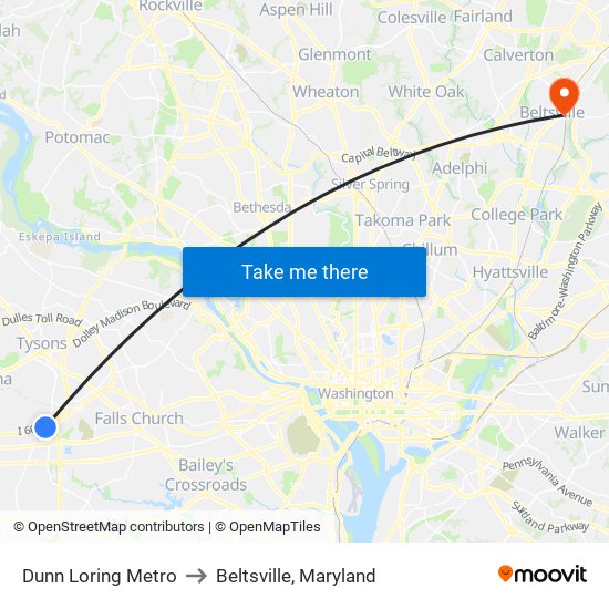 Dunn Loring Metro to Beltsville, Maryland map