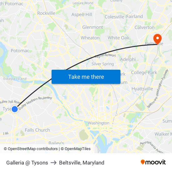 Galleria And Tysons to Beltsville, Maryland map