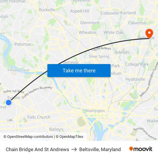 Chain Bridge And St Andrews to Beltsville, Maryland map