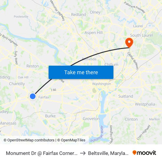 Monument Dr @ Fairfax Corner A to Beltsville, Maryland map