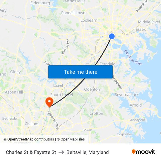 Charles St & Fayette St to Beltsville, Maryland map