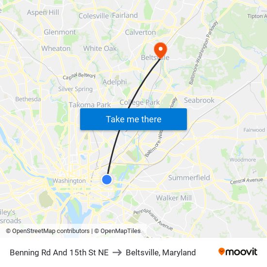 Benning Rd And 15th St NE to Beltsville, Maryland map