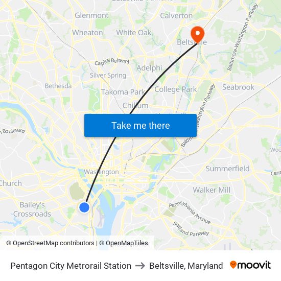 Pentagon City Metrorail Station to Beltsville, Maryland map