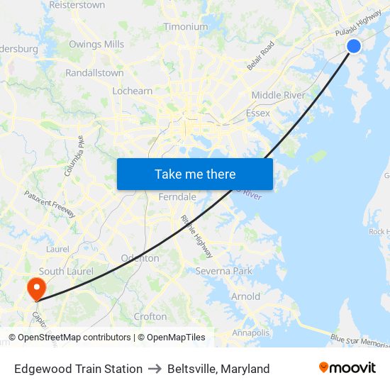 Edgewood Train Station to Beltsville, Maryland map