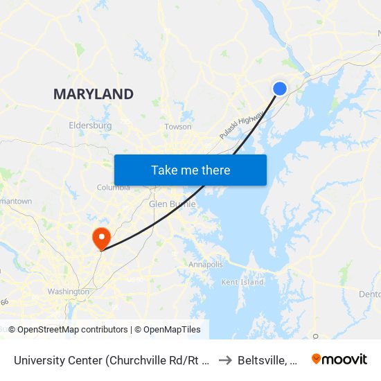 University Center (Churchville Rd/Rt 22 & Technology Dr) to Beltsville, Maryland map
