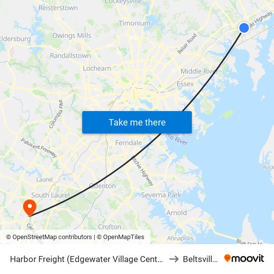Harbor Freight (Edgewater Village Center / 1807 Pulaski Hwy / Stop Is on Us 40) to Beltsville, Maryland map