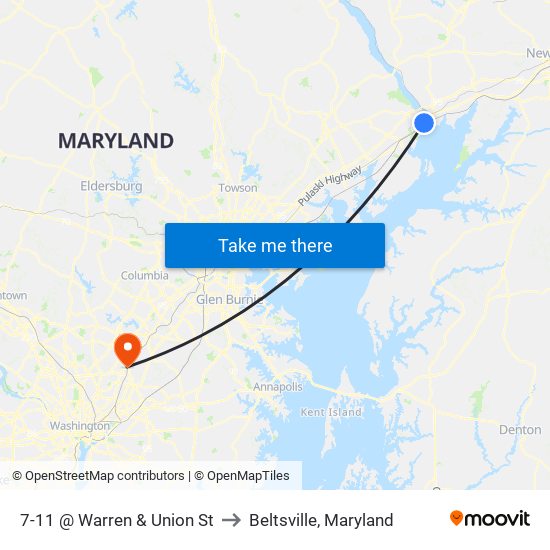 7-11 @ Warren & Union St to Beltsville, Maryland map