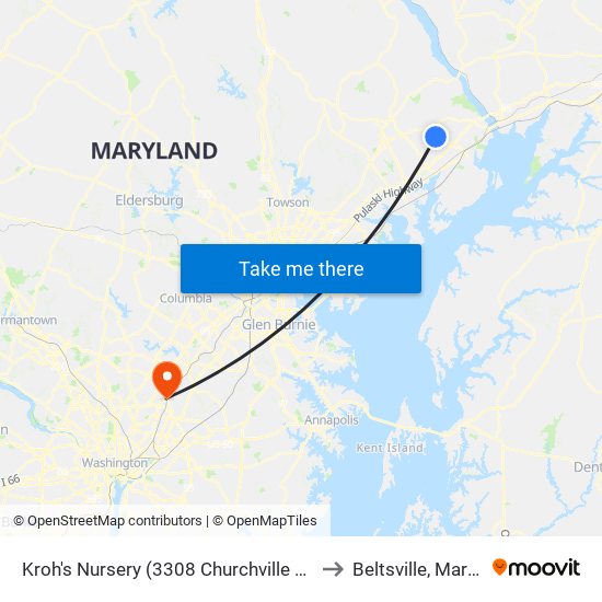 Kroh's Nursery  (3308 Churchville Rd/Rt 22) to Beltsville, Maryland map