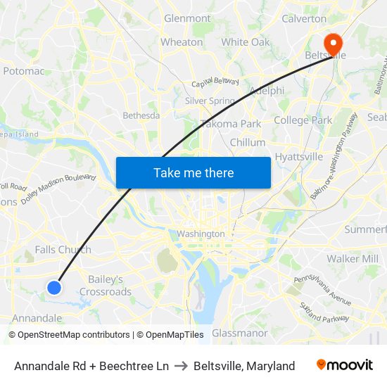 Annandale Rd + Beechtree Ln to Beltsville, Maryland map