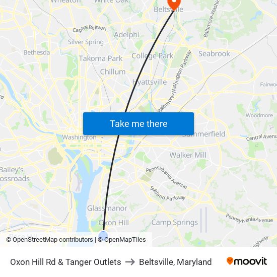 Oxon Hill Rd & Tanger Outlets to Beltsville, Maryland map