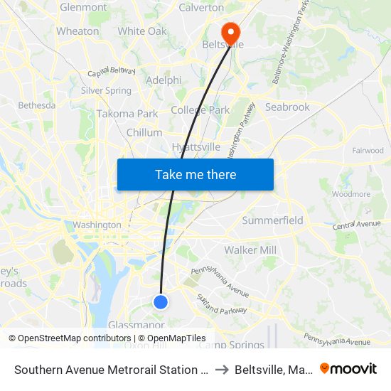 Southern Avenue Metrorail Station at Bus Bay K to Beltsville, Maryland map