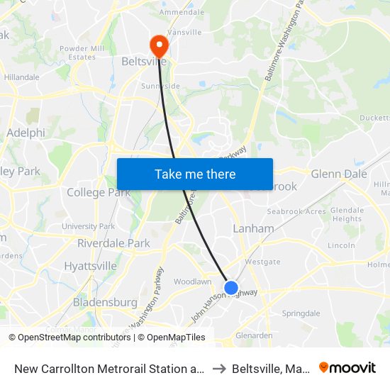 New Carrollton Metrorail Station at Bus Bay F to Beltsville, Maryland map