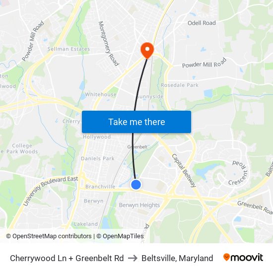 Cherrywood Ln + Greenbelt Rd to Beltsville, Maryland map