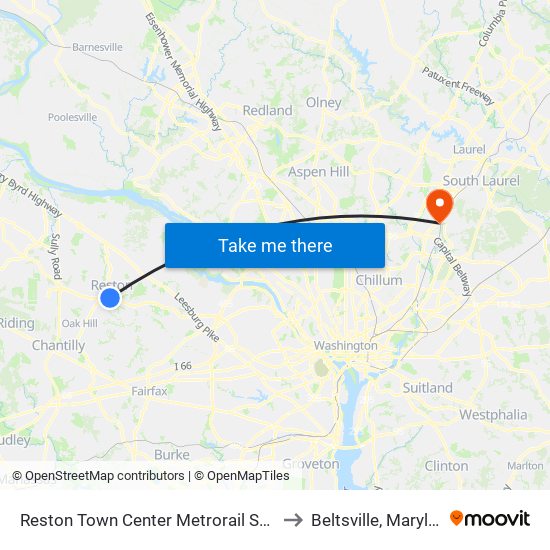 Reston Town Center Metrorail Station to Beltsville, Maryland map