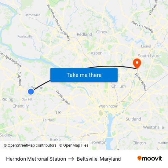 Herndon Metrorail Station to Beltsville, Maryland map