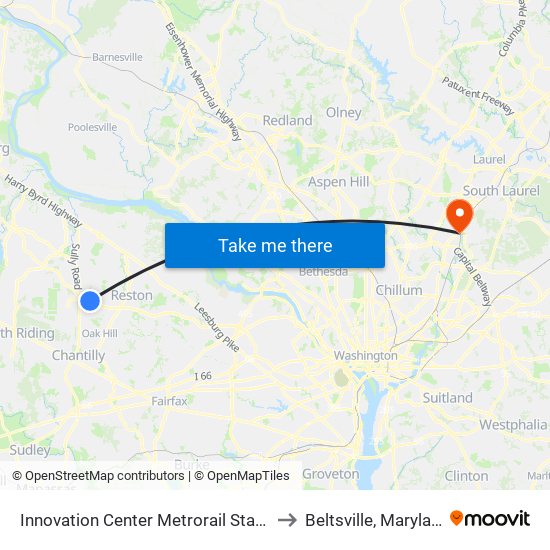 Innovation Center Metrorail Station to Beltsville, Maryland map