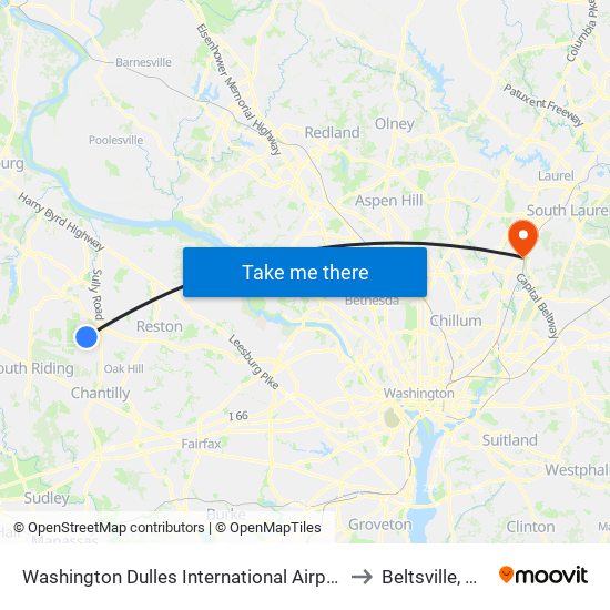 Washington Dulles International Airport Metrorail Station to Beltsville, Maryland map
