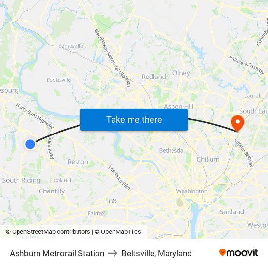 Ashburn Metrorail Station to Beltsville, Maryland map