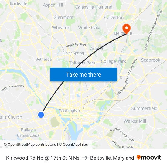 Kirkwood Rd Nb @ 17th St N Ns to Beltsville, Maryland map