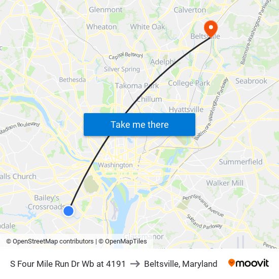 S Four Mile Run Dr Wb at 4191 to Beltsville, Maryland map