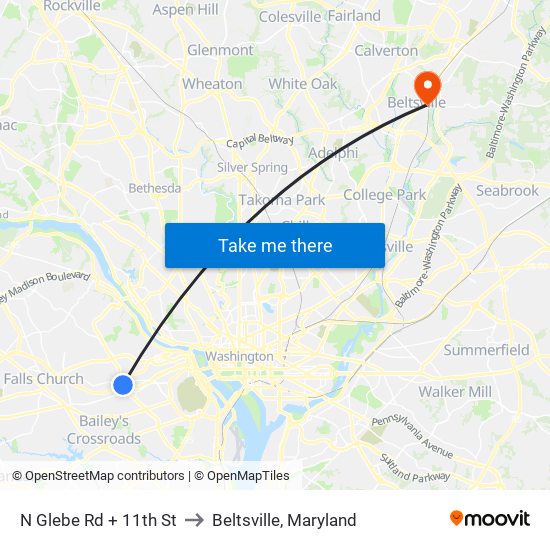 N Glebe Rd + 11th St to Beltsville, Maryland map