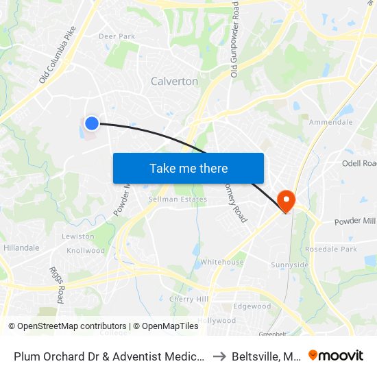 Plum Orchard Dr & Adventist Medical Cen White Oak to Beltsville, Maryland map