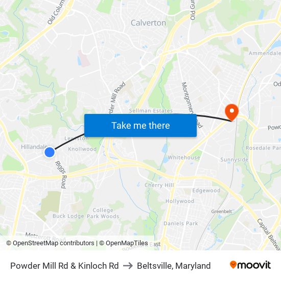 Powder Mill Rd & Kinloch Rd to Beltsville, Maryland map