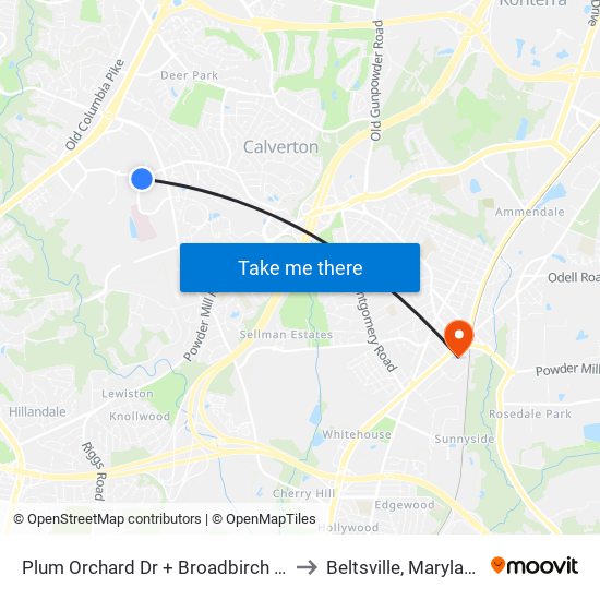 Plum Orchard Dr + Broadbirch Dr to Beltsville, Maryland map