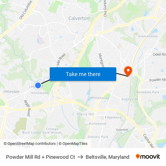 Powder Mill Rd + Pinewood Ct to Beltsville, Maryland map