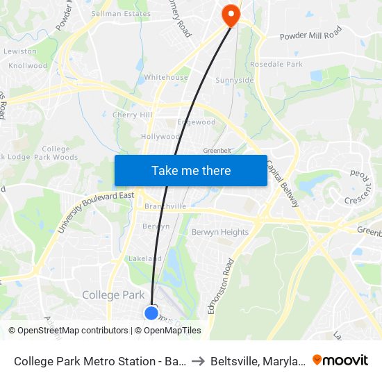 College Park Metro Station - Bay D to Beltsville, Maryland map