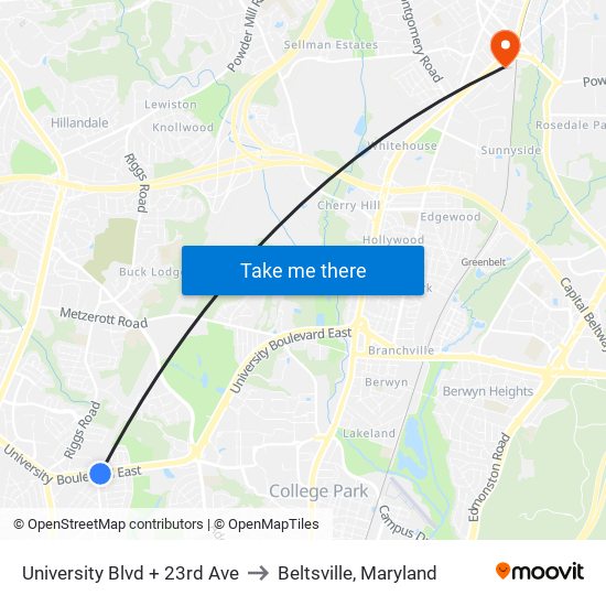 University Blvd + 23rd Ave to Beltsville, Maryland map