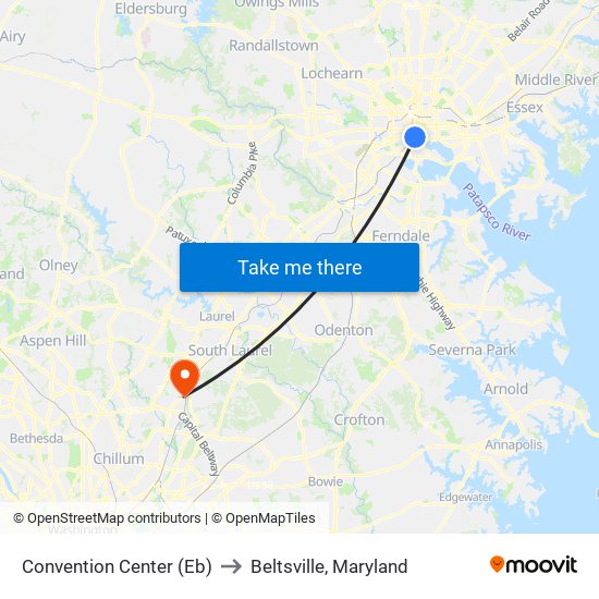 Convention Center (Eb) to Beltsville, Maryland map