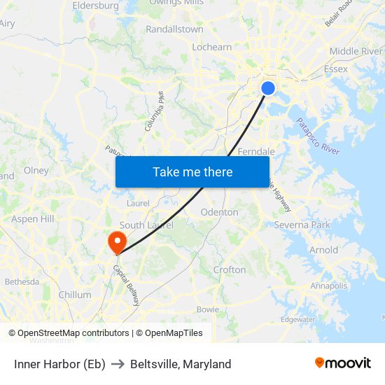 Inner Harbor (Eb) to Beltsville, Maryland map